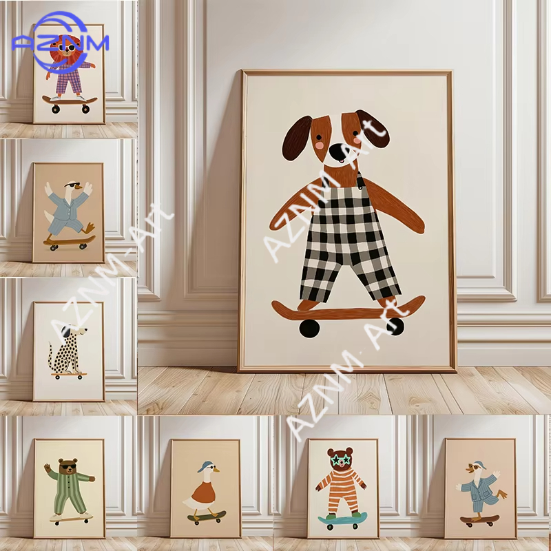 Baby Nursery Artwork - Affiche de skateboard amusante avec animaux,